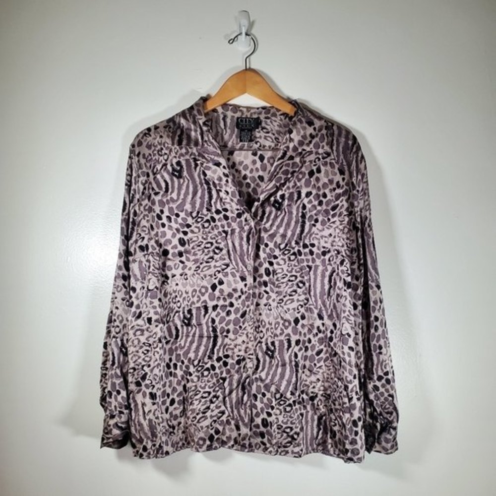 𝅺CITY Silk Women Long Sleeve Collared Mixed Print Button Front Blouse Size 2X